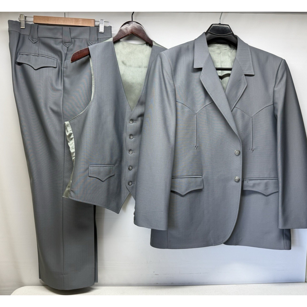 Vtg CIRCLE S Ranch Western Wear 3pc Suit Gold Needle Quality Gray Mens 46 R